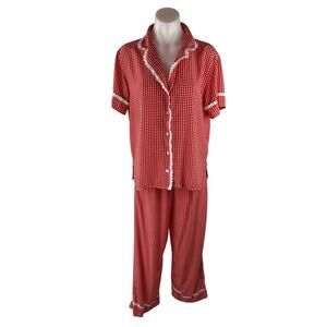 Joyous and Free Red Gingham Button Down Top Wide Leg Pajama Sleepwear Set Size S